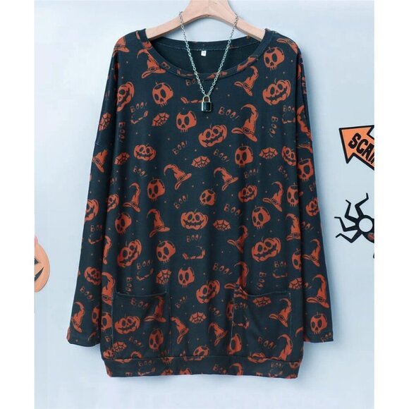 Women's Halloween Pumpkin Sweatshirt Cat Long Sleeve Crewneck Pullover Shirts - Picture 3 of 5